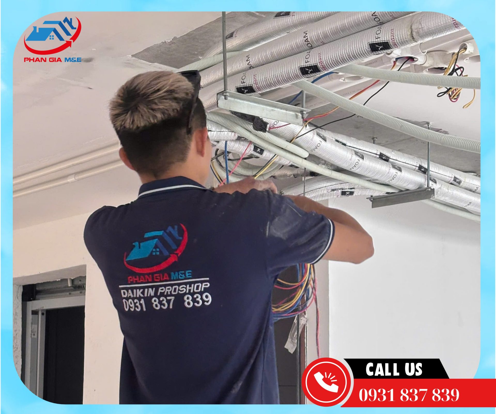 Đội ngũ kỹ thuật thi công hệ thống điều hòa Daikin VRV 6A tại Tân Kỳ Tân Quý.